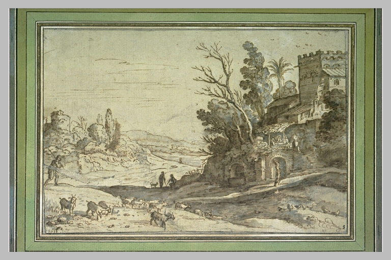 Paysage avec Jésus et les pélerins d'Emmaüs, sur une terrasse_0