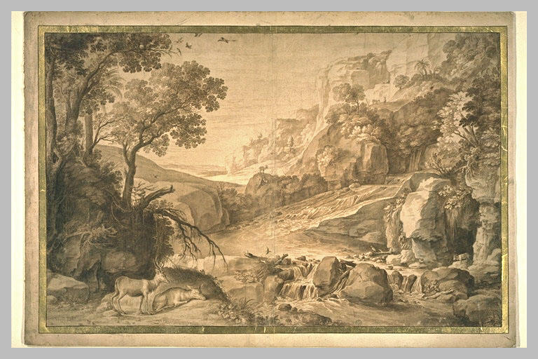 Grand paysage avec une cascade et des animaux_0
