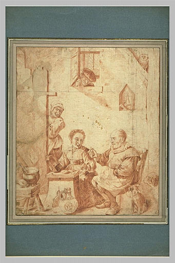 Scène d'intérieur avec un vieil homme assis tenant deux chiens en laisse_0