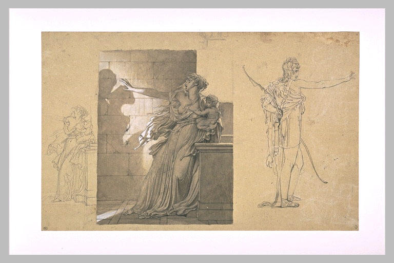 Femme tenant un enfant et apercevant l'ombre de figures qui s'embrassent_0