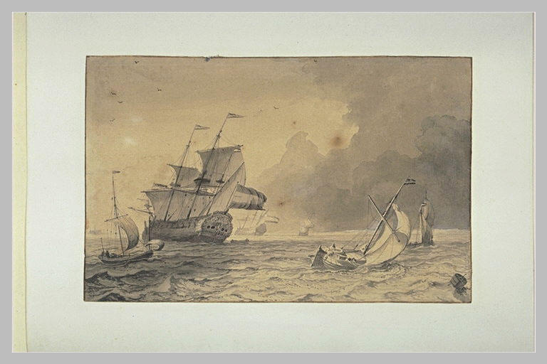 Marine : un vaisseau de guerre portant pavillon hollandais et des barques_0