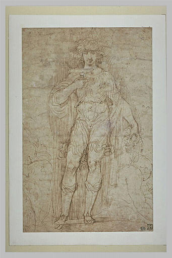 Bacchus, debout, tenant une coupe, entre deux figures assises esquissées_0
