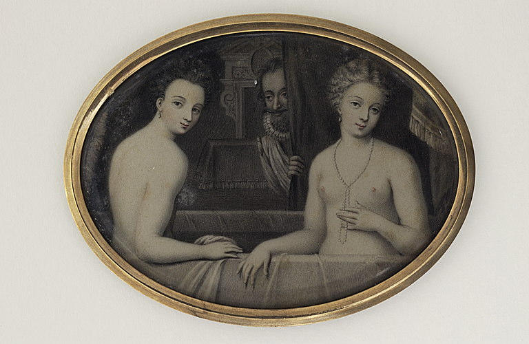 Deux jeunes femmes nues dans une baignoire ; dans le fond Henri IV_0