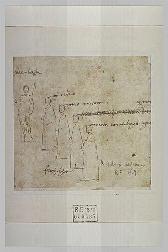 Esquisse de saint Jean-Baptiste, quatre figures shématiques, inscriptions_0