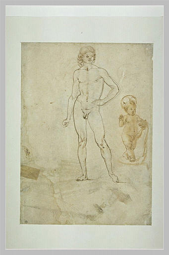 Jeune homme nu, debout ; Enfant Jésus ; tête de femme de profil vers la droite_0