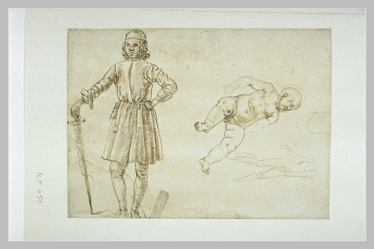 Enfant assis ; homme debout tenant une épée ; esquisse d'un corps_0
