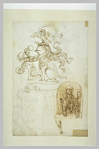 Eléments héraldiques ; Vierge à l'Enfant et st Jean ; cheval ; étude de jambe_0