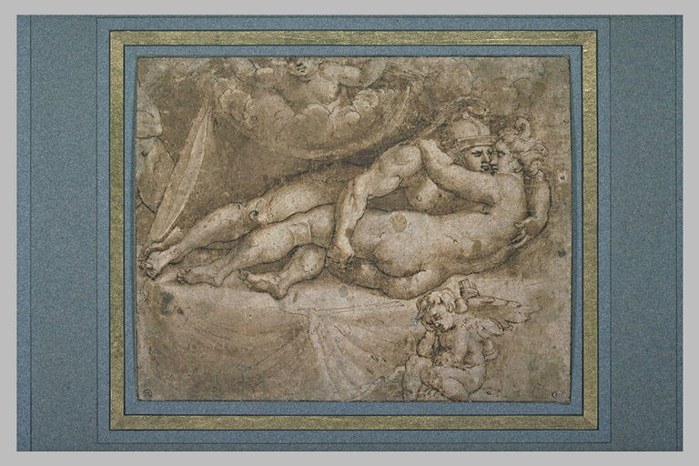 Mars et Vénus se tenant embrassés sur un lit_0