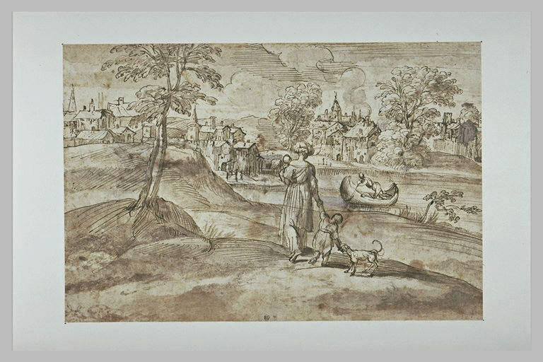 Paysage avec une femme et deux enfants près d'un étang_0