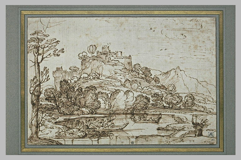 Deux barques sur un étang au pied d'un château, dans un paysage montagneux_0