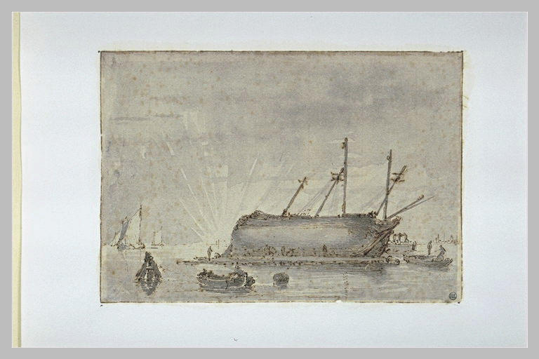 Marine : canots et figures près d'un navire échoué_0