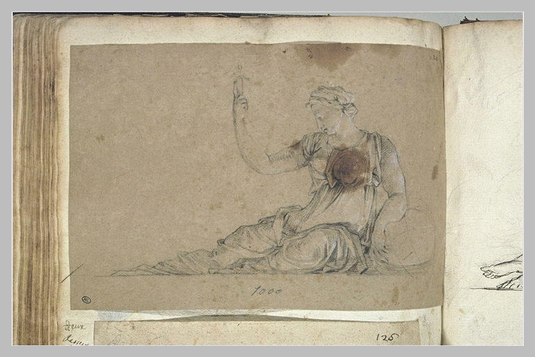 Femme assise à terre tournée vers la gauche, appuyée sur un globe et ..._0