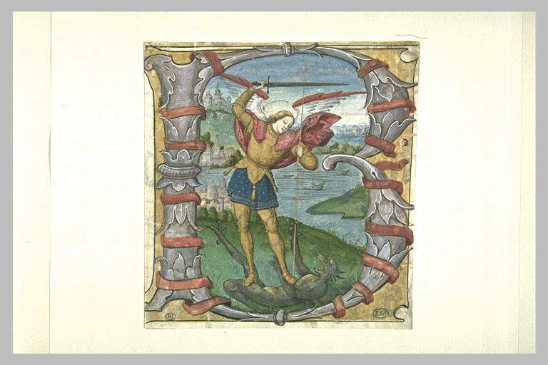 La lettre B historiée, avec saint Michel combattant le dragon_0