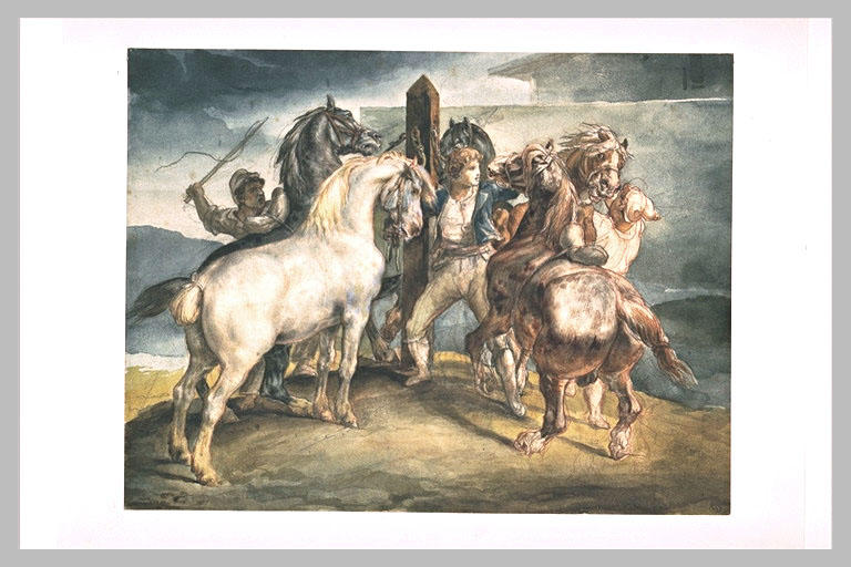 Le marché aux chevaux : cinq chevaux au piquet_0