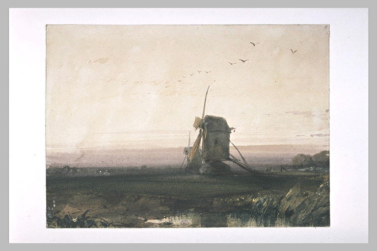 Paysage avec deux moulins, au soleil couchant_0