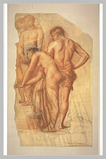 Groupe de quatre figures, dont une femme, tournées vers la gauche_0