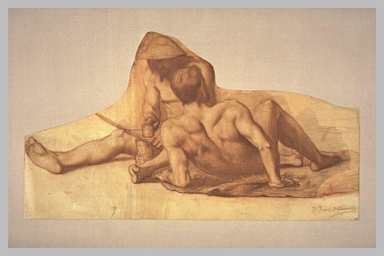 Deux faucheurs assis sur le sol_0