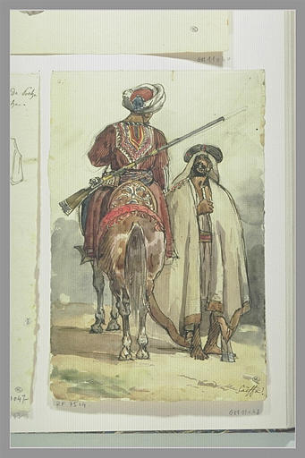 Cavalier oriental, de dos et un homme debout_0