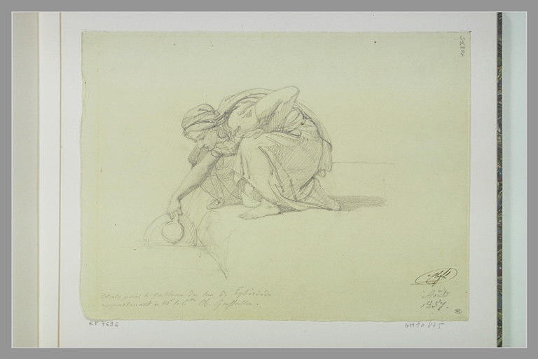 Femme, de profil à gauche, le genou droit sur le sol, la tête en avant_0