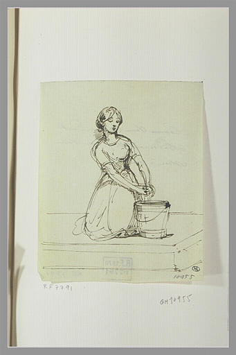 Jeune femme agenouillée de face, un seau à sa droite_0