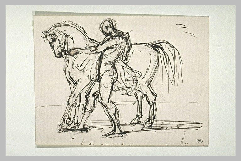 Homme nu, de profil à gauche, maintenant un cheval tourné vers la gauche_0