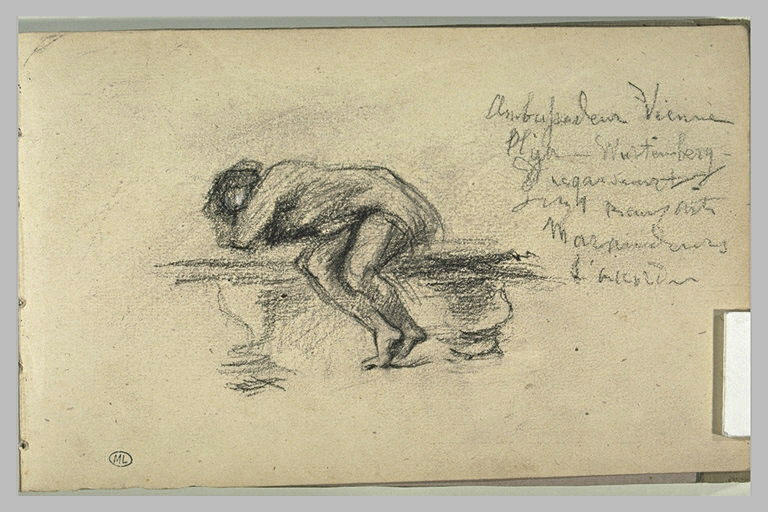 Femme nue, couchée sur un banc ; notes manuscrites_0