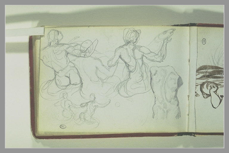 Trois figures nues de dos tenant un poisson, torse antique, deux nus_0