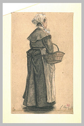 Une paysanne portant une coiffe, un tablier blanc et un panier_0