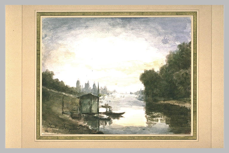 Rivière, avec cabane et barques, bordée d'arbres_0