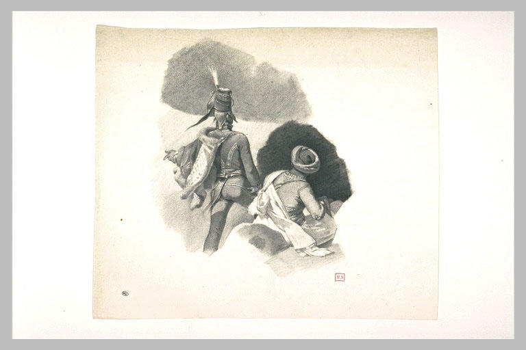 Hussard, debout de dos, près d'un turc assis, à droite_0