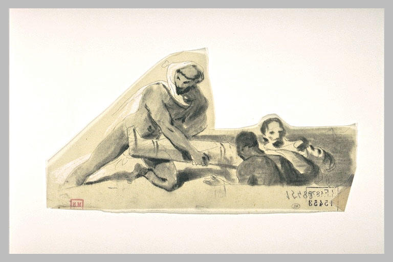 Homme nu, une étoffe sur la tête, portant un sarcophage, aidé de deux hommes_0