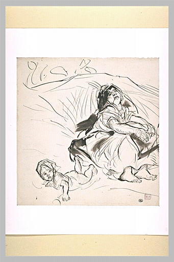 Femme orientale, assise sur le sol, et enfant couché à plat ventre_0