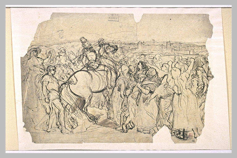 Cortège de femmes et d'enfants à la rencontre d'un seigneur à cheval_0