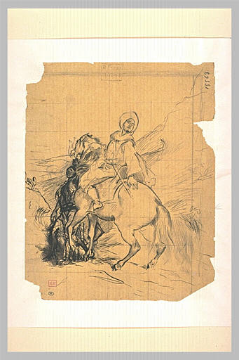 Oriental monté sur un cheval dont un homme tient la bride, se retournant_0