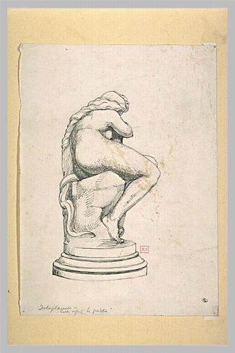 Statue de femme nue, assise sur un rocher, de dos, tournée vers la droite_0
