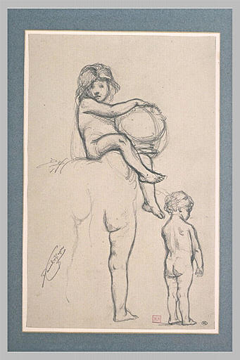 Petite fille nue, assise ; enfant nu debout, de dos ; études de jambe_0