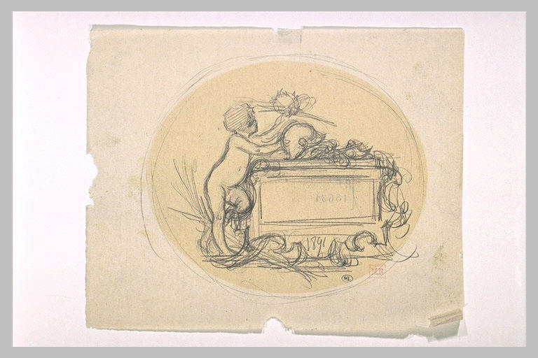 Amour déposant un casque sur un socle de pierre_0