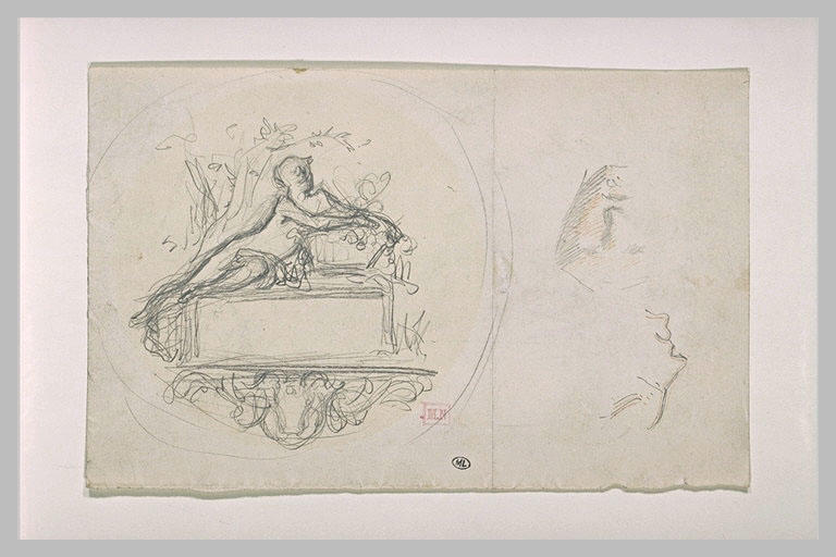 Projet de médaille : figure sur un banc de pierre ; deux têtes_0