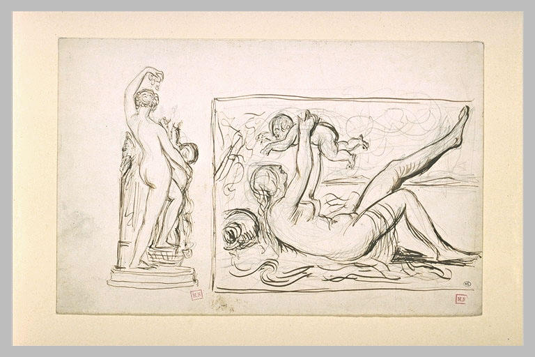 Projet de statue  et projet de bas-relief avec une femme tenant un enfant_0