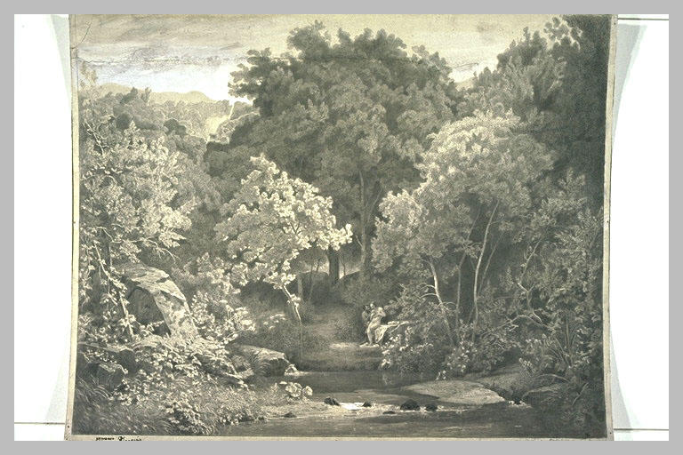 Satyre caressant une nymphe, assise sur un rocher, dans une forêt_0