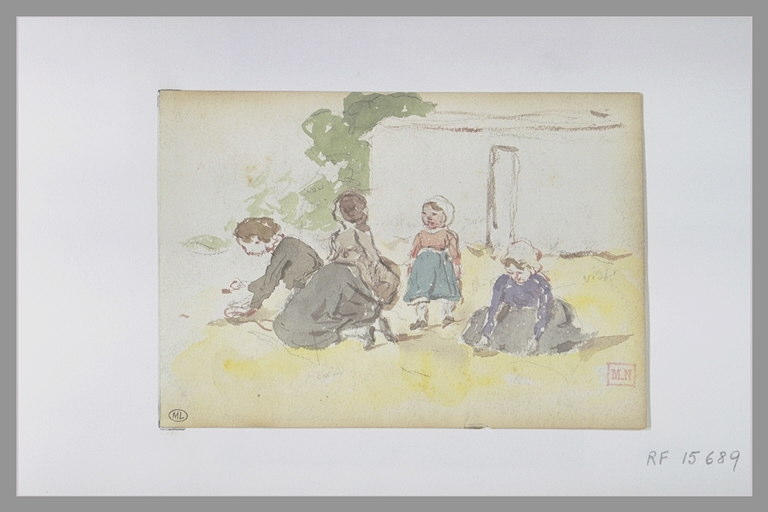 Deux femmes agenouillées, les mains sur le sol, et deux enfants_0