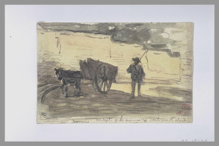 Homme près d'une charrette attelée, devant un mur_0