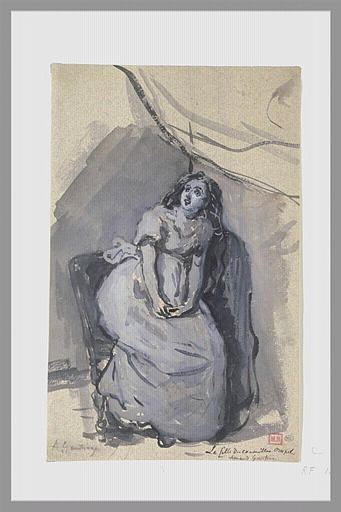 Femme échevelée, le regard fixe, assise, les mains jointes sur le ventre_0