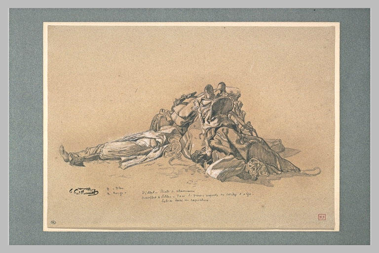 Selles, bâts et équipements de montures entassés et homme couché_0