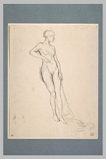 Femme nue, debout, de trois quarts, tenant un objet dans sa main gauche_0
