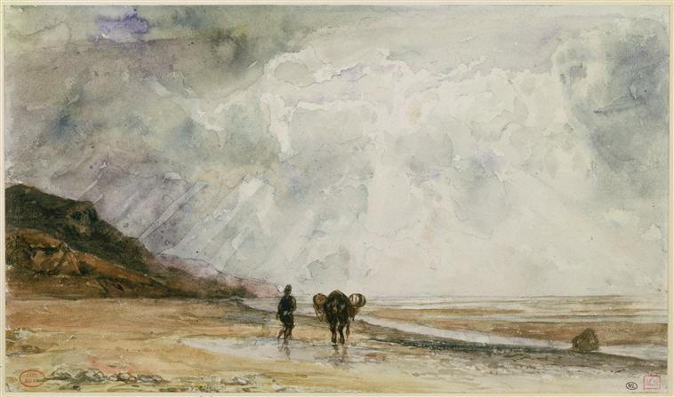 Homme et cheval chargé de deux tonneaux, sur une plage_0