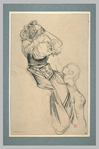 Paysanne italienne, assise, de profil à droite, avec un enfant_0