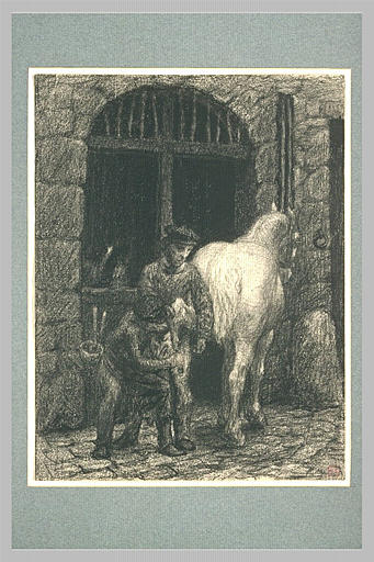 Maréchal-ferrant et son aide ferrant le pied arrière droit d'un cheval blanc_0