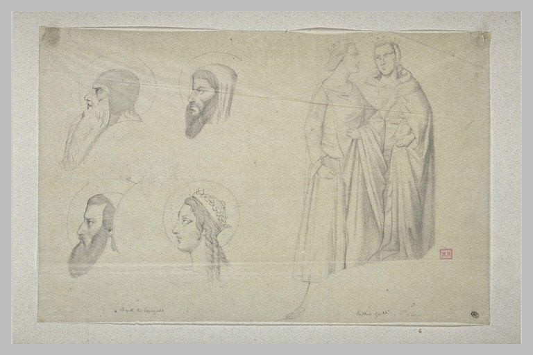 Trois têtes de profil de saints et une de sainte ; deux reines debout_0