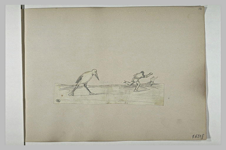 Homme fuyant devant un oiseau échassier_0